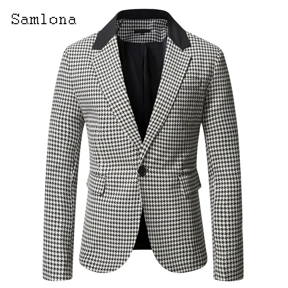 

2023 Single Button Eleagnt Houndstooth Print Jackets Business Men Suits Blazers Korean Fashion Slim Fits Suit Tops Outerwear