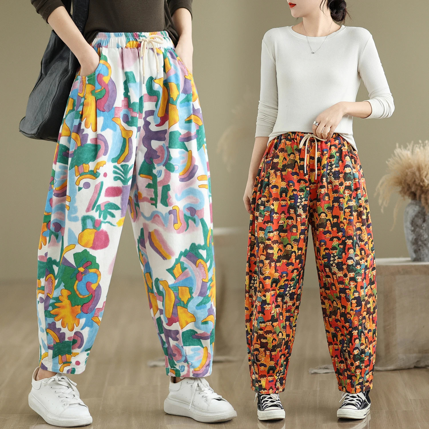 

Свободные женские брюки-шаровары с принтом на резинке, весна-лето, новинка, большие размеры, брюки в стиле «папины», с высокой талией, длинные, для повседневной носки