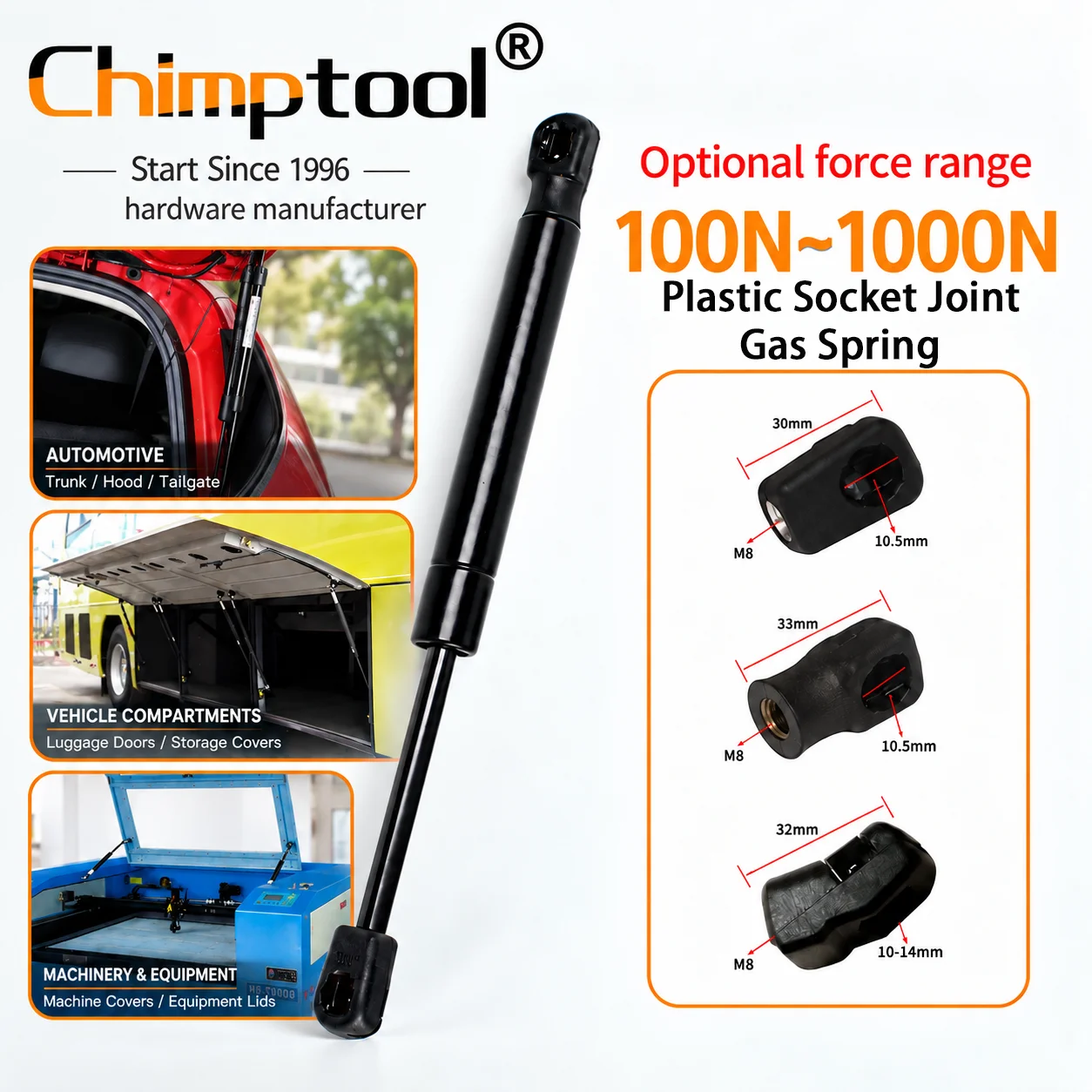 Universal Plastic Socket Joint Gas Spring Lift Support Strut for Cabinet RV Bed Car Furniture, Customizable, 1Pc