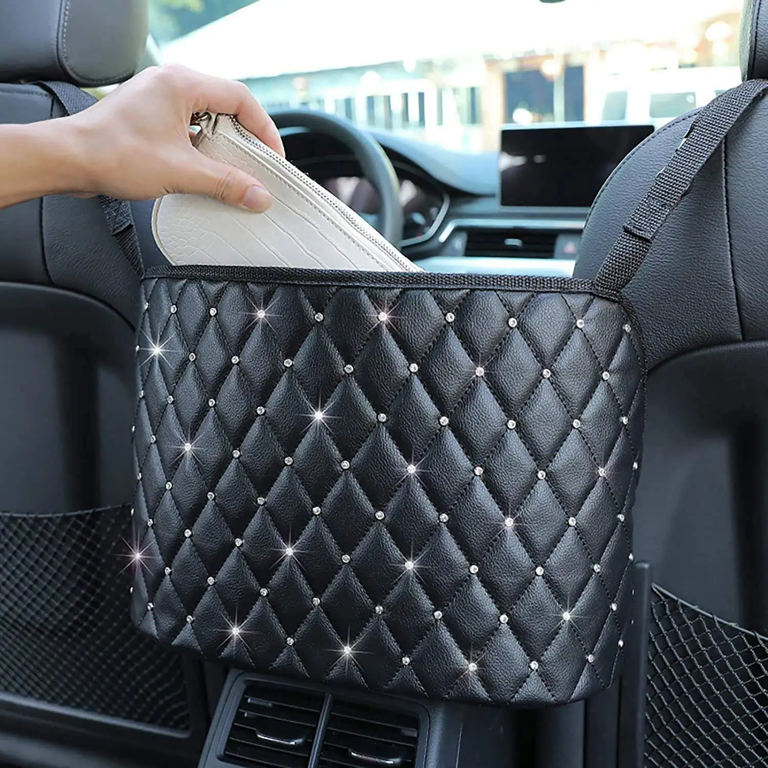 

Car Seat Back Storage Bag Handbag Holding Net Rear Armrest Box Hanging Bag Leather Car Net Pocket With Crystal