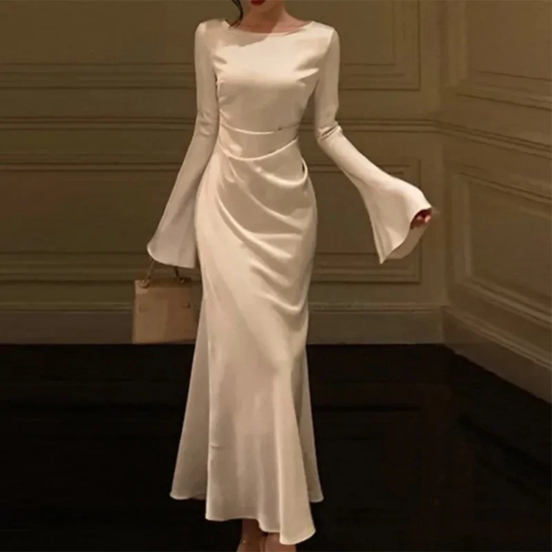 

Women Slim Flare Sleeve Vintage Robe Vestidosv Elegant Wedding Party Prom Dresses New 2024 Spring Autumn Satin Solid Long Dress