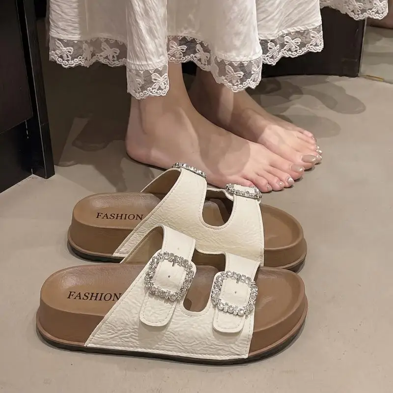 Rutschfeste, dicke Strandpantoffeln für Damen, Sommer 2026, Rhinestore-Schnallen-Plateau-Mules, glänzende Kristallsandalen für Damen – Detail 9