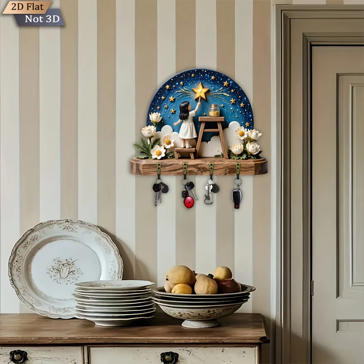 2D Flat, 1pc, Starry Night Star-Picking Flower Border Theme Style Key Hook, Wooden Multifunctional Home Key Rack, with four