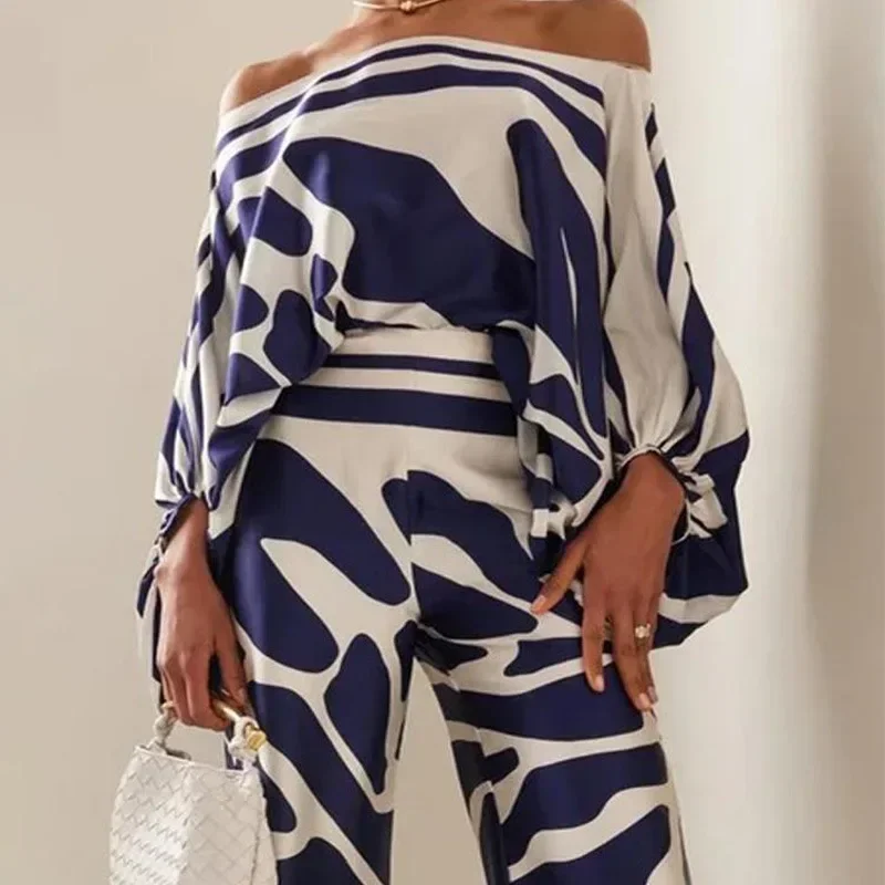 

Women Print Satin Outfit Lantern Sleeve Off Shoulder Long Sleeve Blouse Office Lady 2 Piece Sets New Casual Wide Leg Pants Suits