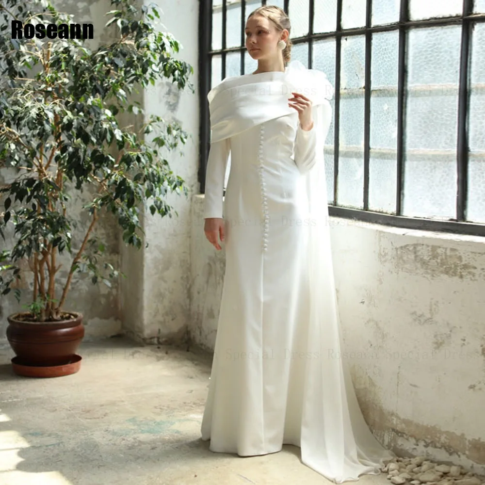 

Muslim High Collar Ivory A-line Wedding Dresses 2024 Button One-Shoulder Draped Pleat Floor Length Bride Dress robe de mariée