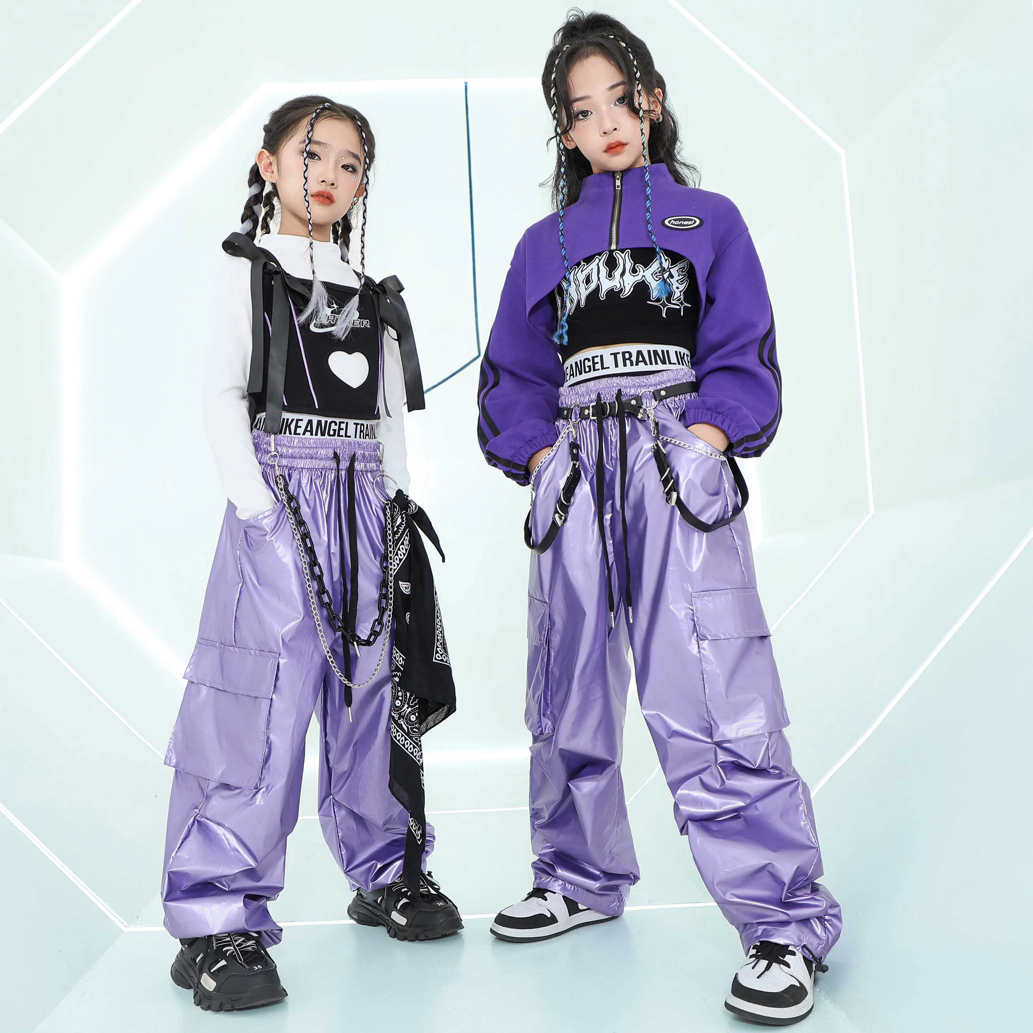 

Modern Hip Hop Dance Clothes Girls Jazz Dance Crop Tops Purple Suit Cargo Pants Kids Street Dance Outfits Show Clothing BL14072
