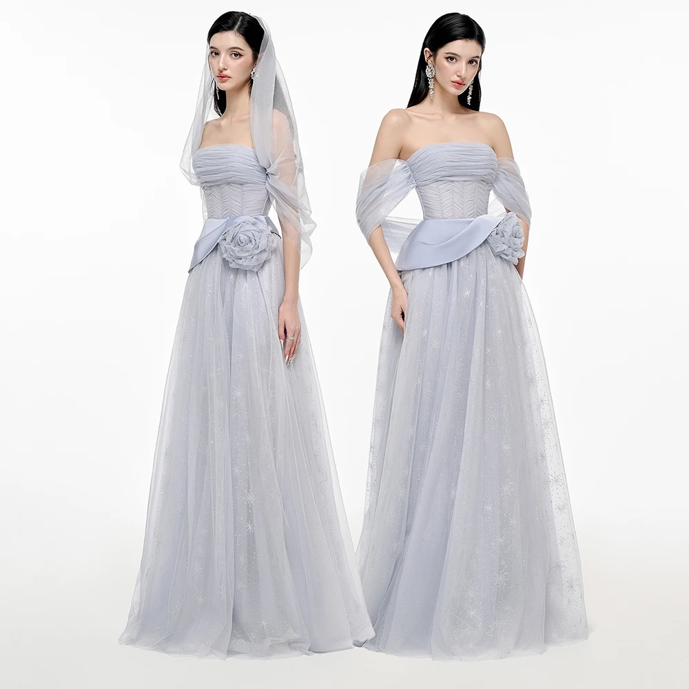 Personalizado fora do ombro tule cinza chão vestido de noite sem mangas flor apliques vestido de festa a linha até o chão vestido de baile