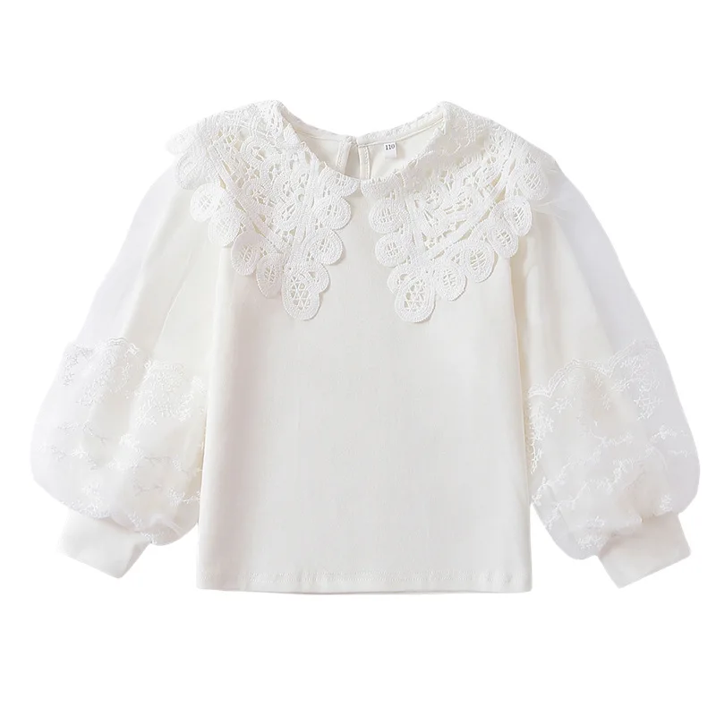 Tween Girl Shirt Lace Peter Pan Collar Puff Sleeve Chiffon T Shirt Preppy Princess Blouse Elegant School Casual Kids Outfit