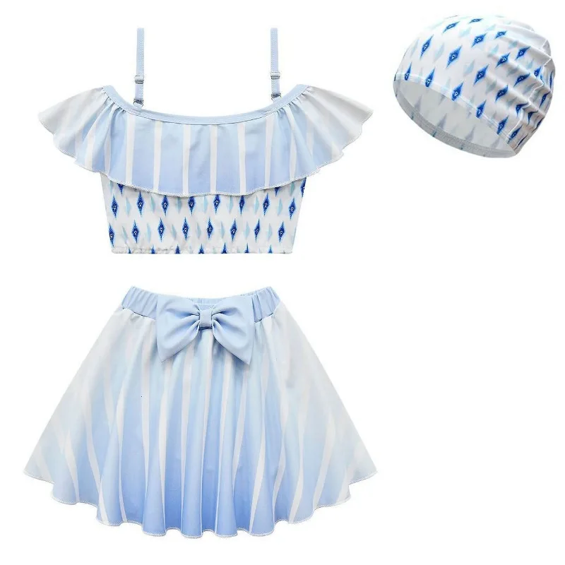 

3pcs/set Summer Girls Kids Camisole Skirt with Swim Cap Set Girls Off-shoulder Swimsuit Set 2pcs Princess Style Set Children