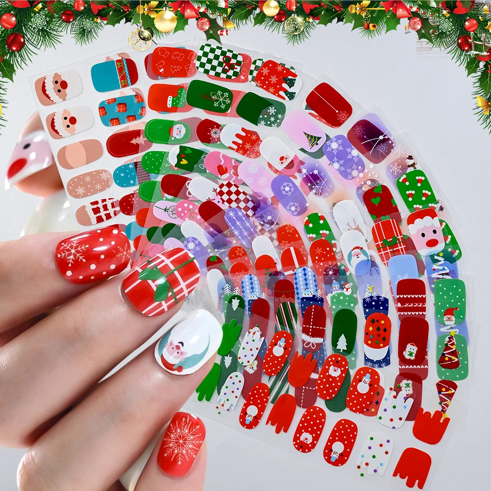 1장(16팁) 크리스마스 풀 커버 셀프 접착 네일 스티커 귀여운 산타클로스 눈송이 크리스마스 트리 디자인 네일 폴리시 스트립
