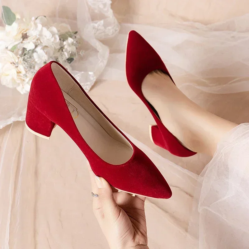 Women\'s Sandals Summer French Red Wedding Shoes for Women Spring/Summer/Autumn Pointed Thick Heels Not Tiring Feet Bride Shoes