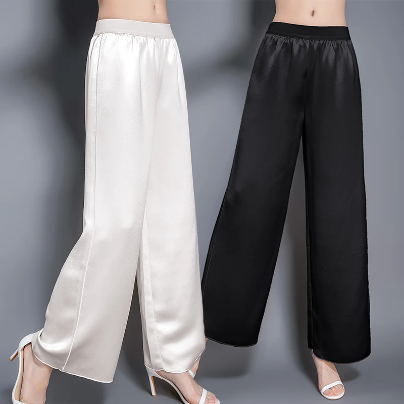 95% Silk Straight Pants Women Simple Design Solid 3 Colors High Waist Length Trousers New Fashion