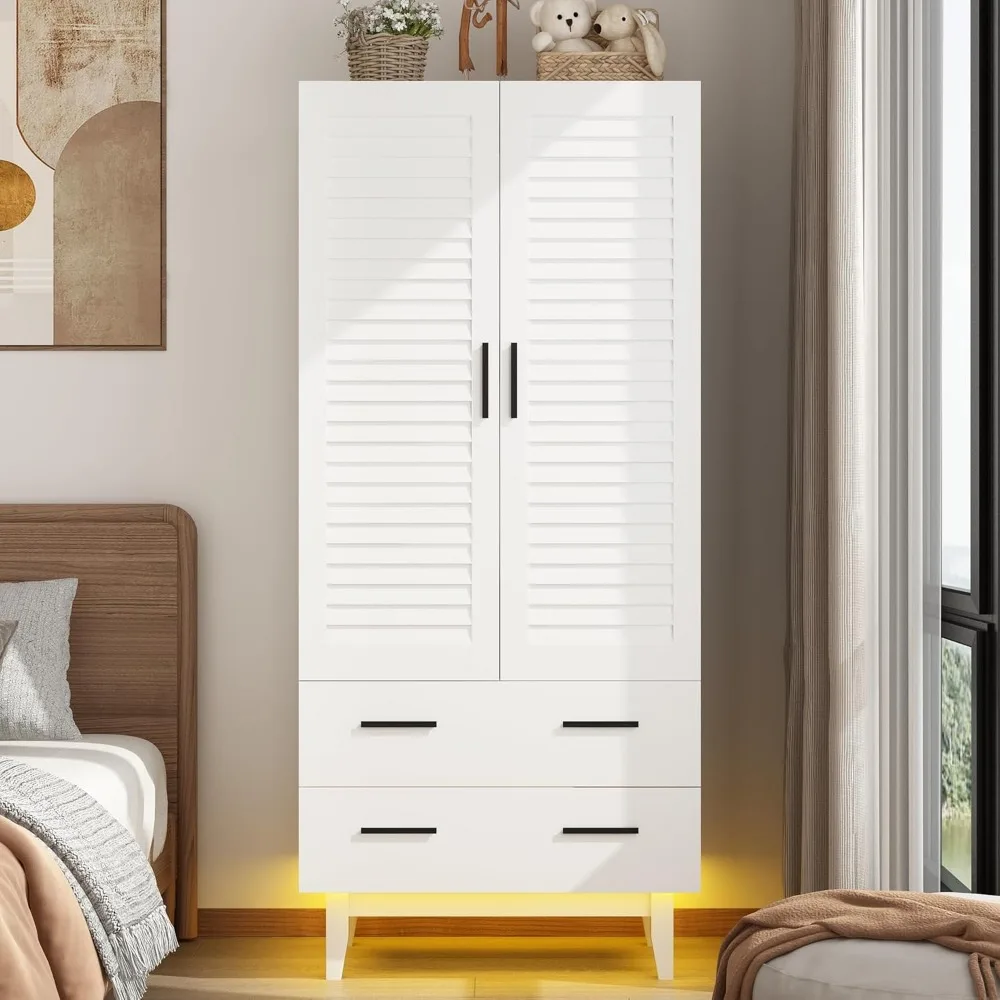 

Multi-Tier Shelves, Hanging Rod &2 Louver Doors with drawers and LED Lights Large Capacity Storage Wardrobe Armoire for Bedroom