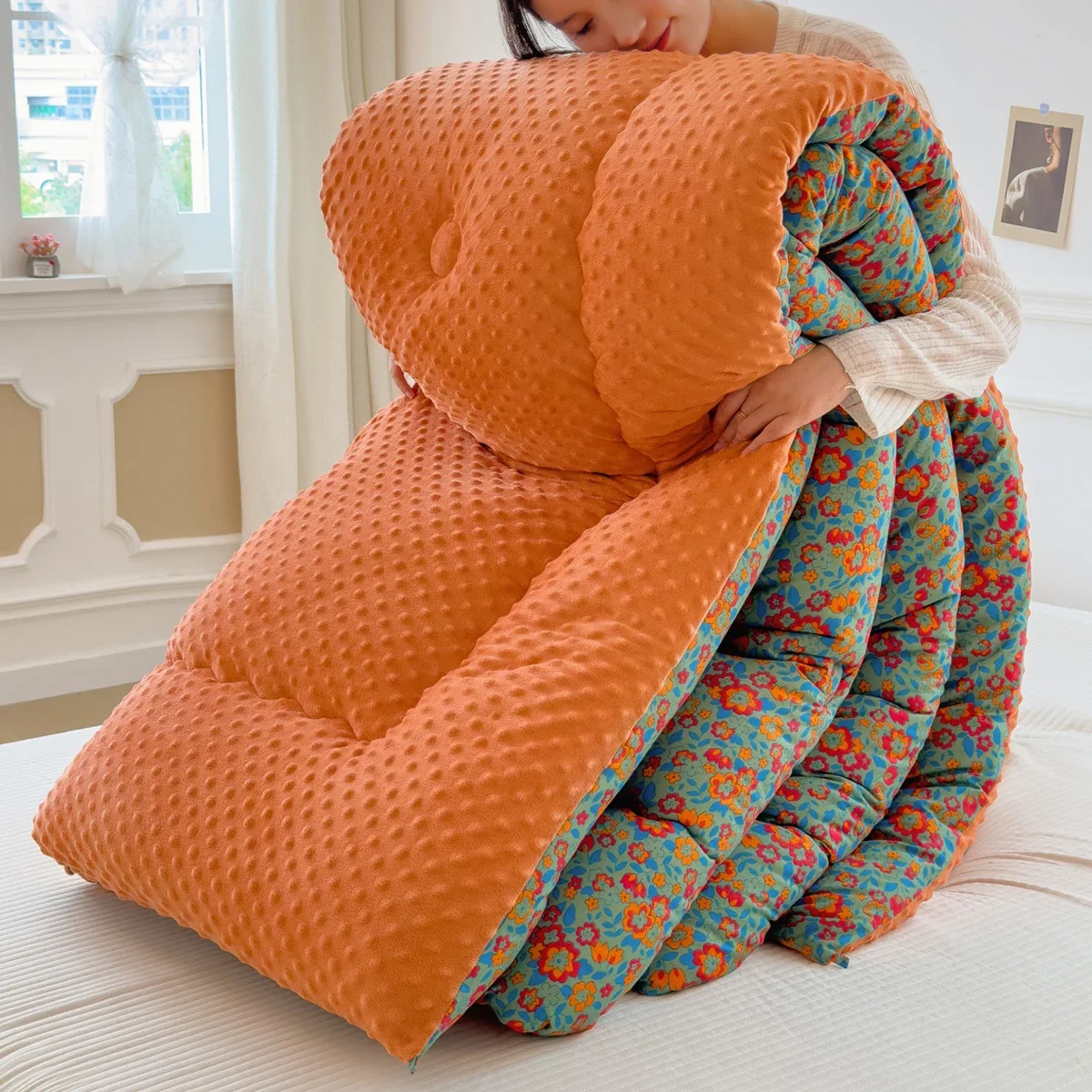 Floral Printed Thickened Warm Winter Quilt Fluffy Soft Weighted Blanket for Sleeping Double Bed Skin-Friendly Quilted Comforter