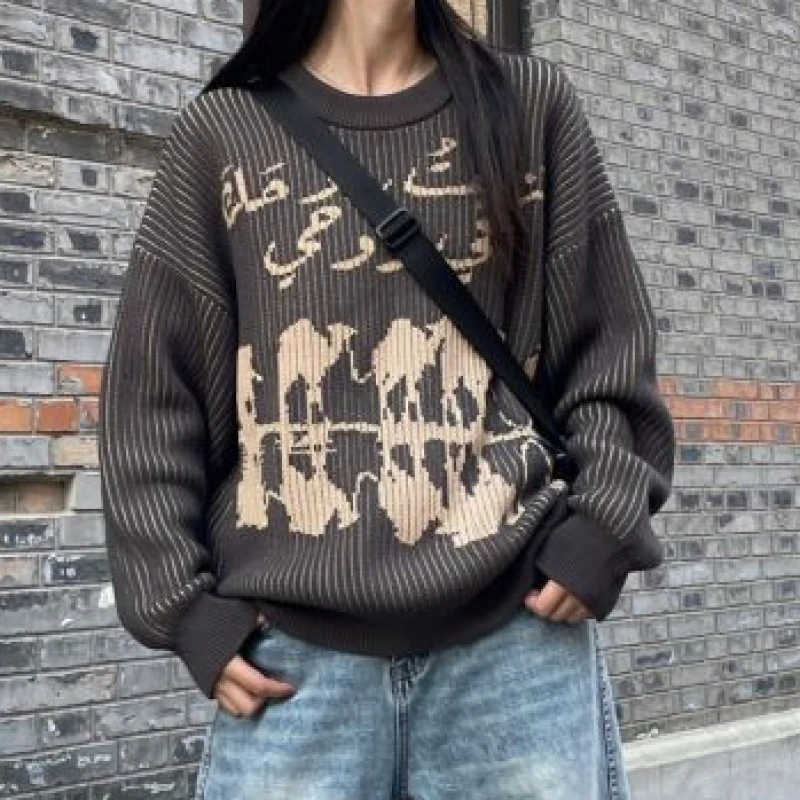 Unisex Crew Neck Knit Sweater Vintage Skull Arabic Letter Jacquard Pattern Loose Long Sleeve Streetwear Pullover Jumper