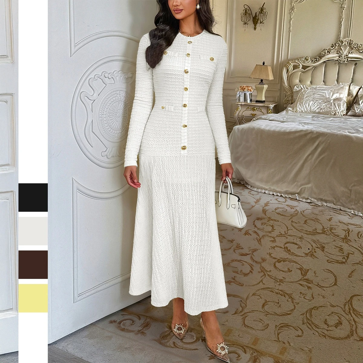 

Women's Long Sleeve Knitted Dress Elegant Fashion Beautiful Party Maxi Dresses Evening Solid Stand Collar High Waist Long Dress