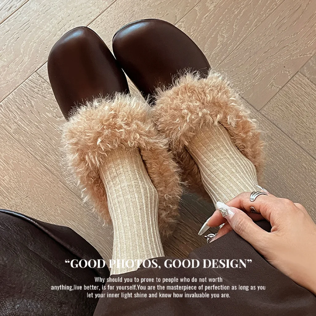 2025new square toe velvet loafers women's high heels 4cm thick heel small leather shoes with velvet cold protection single shoes