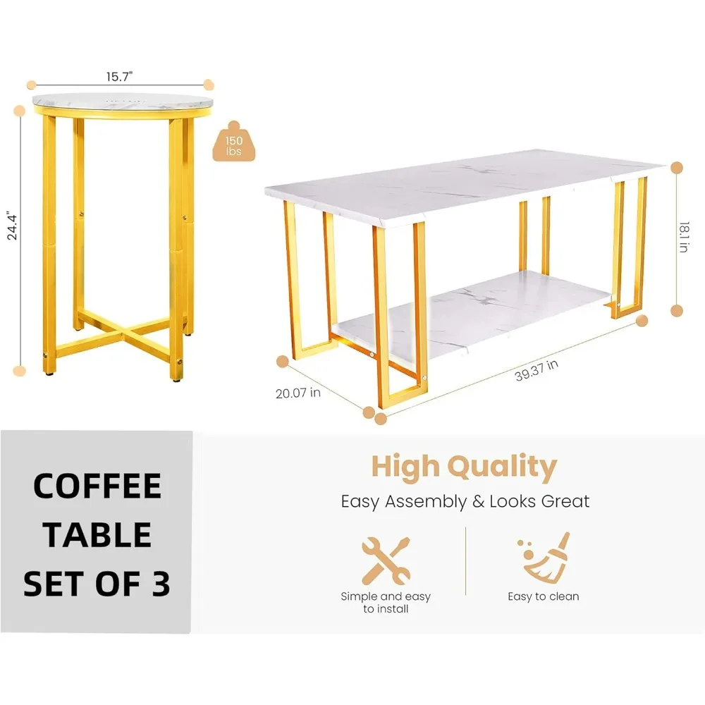 Couchtisch-Set mit 3 Stück, moderner 2-stufiger Couchtisch mit 2 runden Beistelltischen, modernes Wohnzimmertisch-Set mit Kunstmarmorplatte