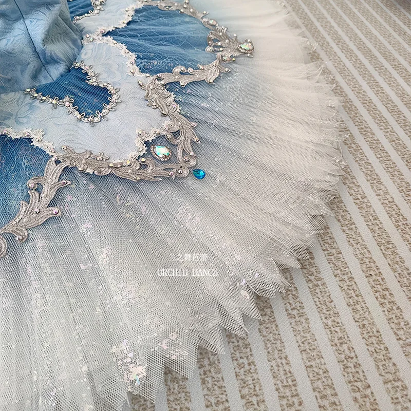 Womens Thin Strap V Neck Ballet Tutu Performance Dress Silver Scroll Color Rhinestone Embroidery Six Petal Flower Trim Light Blu