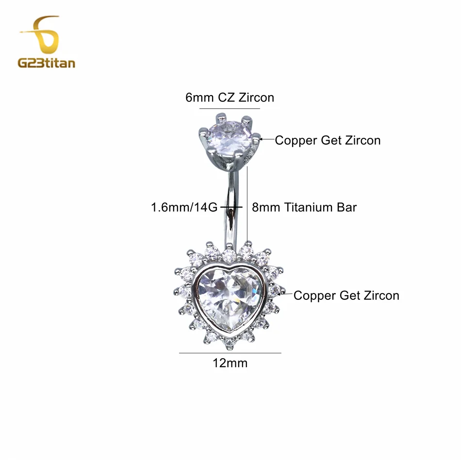 Bright CZ Zircon Heart Belly Button Ring 14G Medical Titanium Surgical Steel Bar Navel Piercing Women Jewelry Gold Silver Color image 6