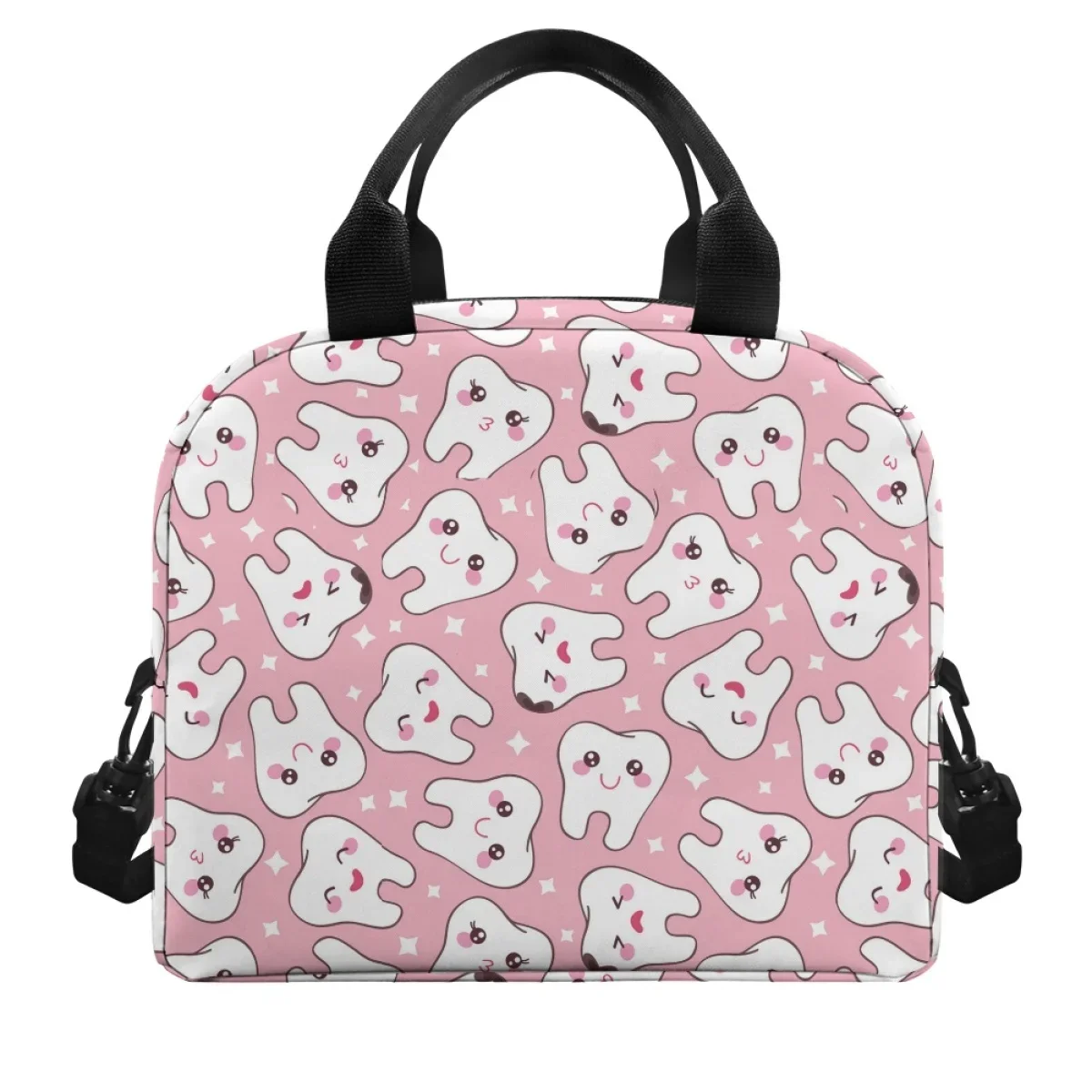 Hot Sales Kawaii Pink Teeth Nurse Pattern Ladies Gril Boys Insulated Lunch Bag Front Pocket Double Layer Outdoor Travel Satchel