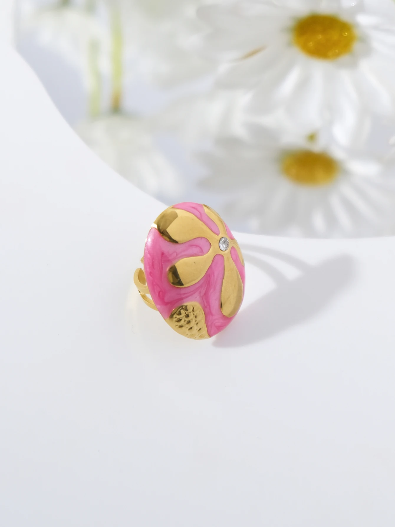 May@RZ delicate and stylish retro stainless steel oval flower pink enamel zircon ring, suitable for daily commuting, holiday