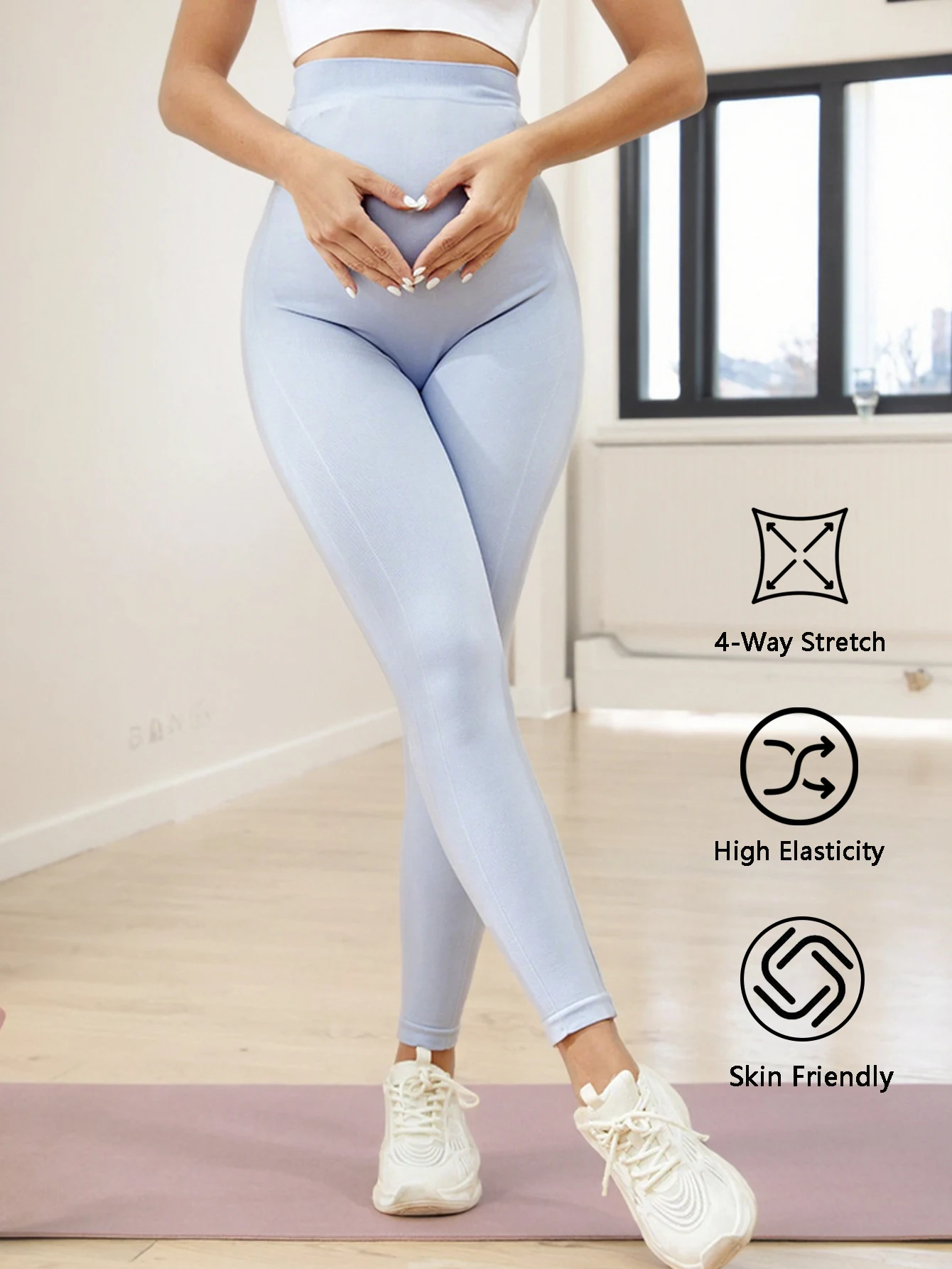 Light Blue Seamless Maternity Yoga Leggings High Waist Non-Roll Belly Support Ultra Stretch Breathable Workout Pants For All Sta view 2