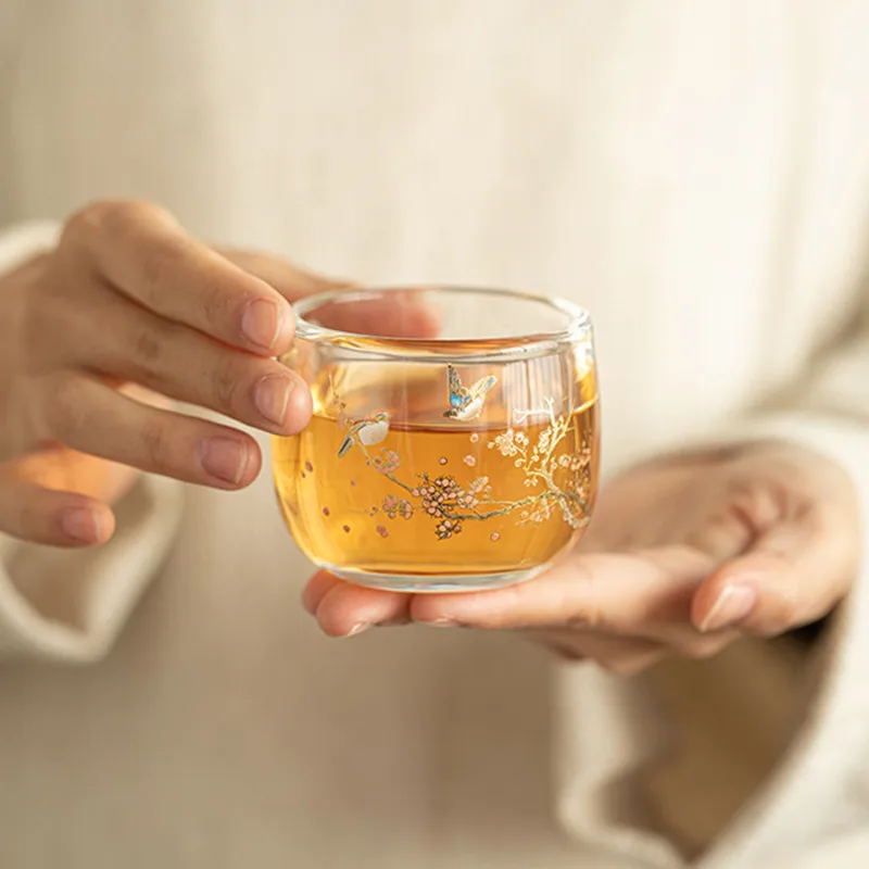 1 Pc Chinese Glass Tea Cup Flower and Bird Pattern Teacup Household Transparent Tea Bowl Travel Personal Master Cup Teaware 80ml