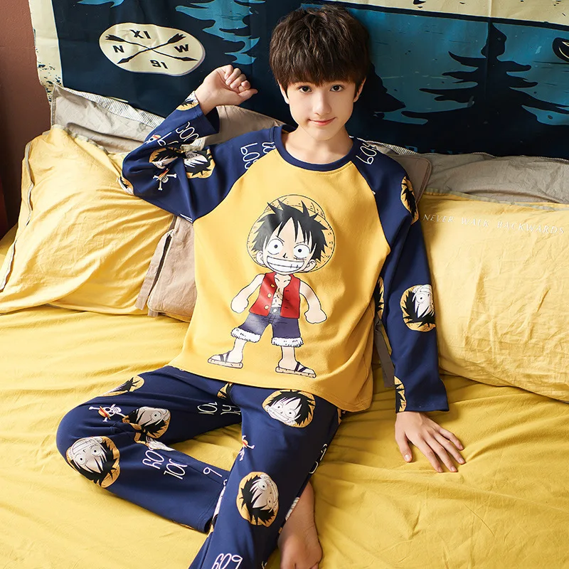 Anime ONE PIECE Luffy Cute Cartoon Kids Pajamas Suit 3-14 Y Boys Autumn Thin Long Sleeves Home Clothes Sleepwear Set Kids Gift