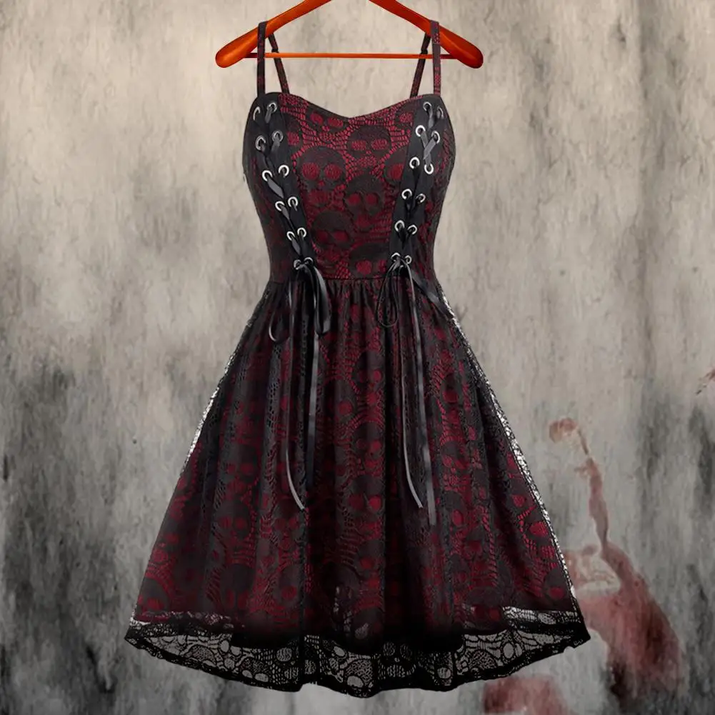 Vestido medieval sem mangas feminino, estilo punk rock, malha de renda, emenda de alça, mini vestido, cinta de espaguete, estampado caveira, vestido