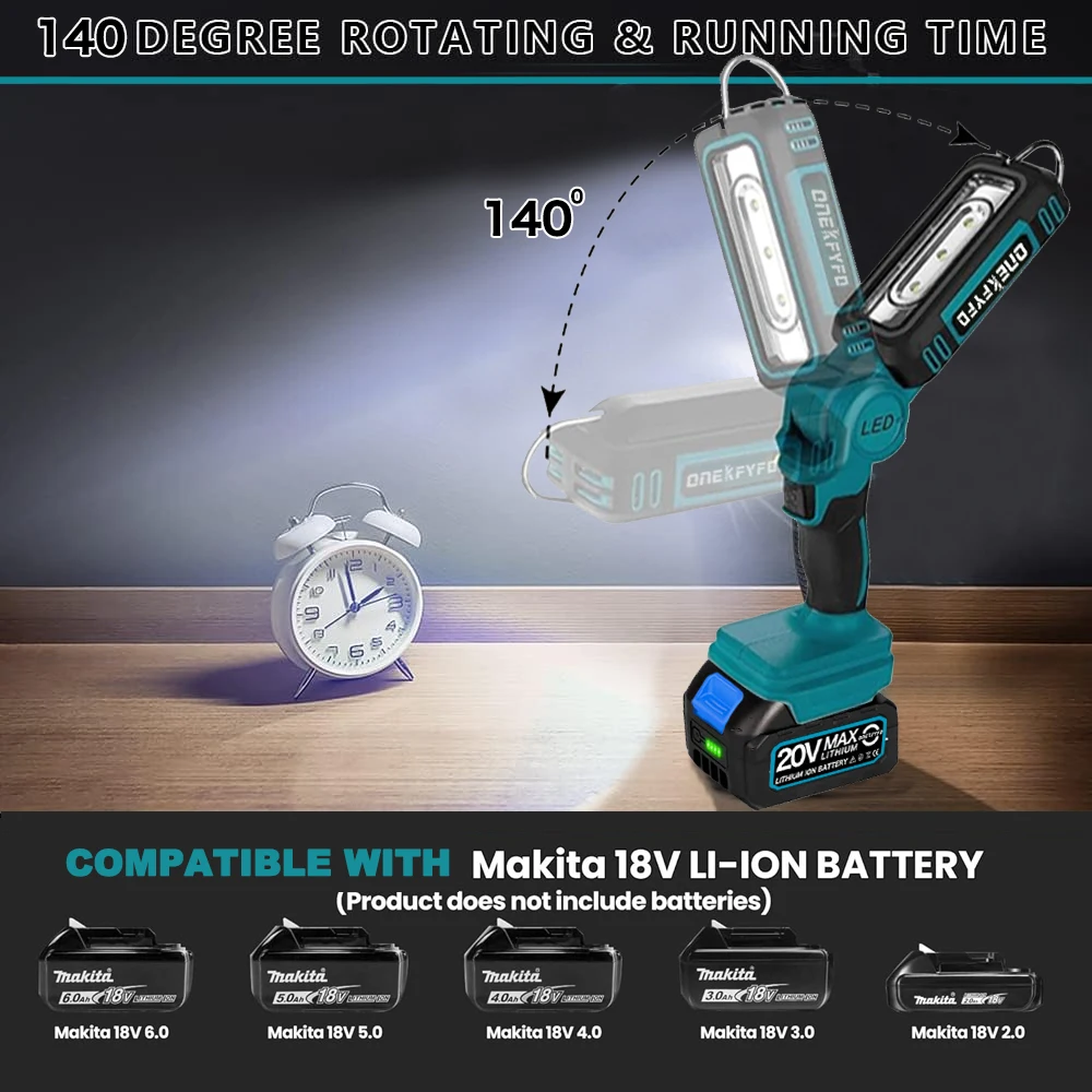 ONEKFYFD Cordless LED Work Light Two Levels Adjustable 140 Degree Rotating Wide-angle Lighting for Makita 18V Battery