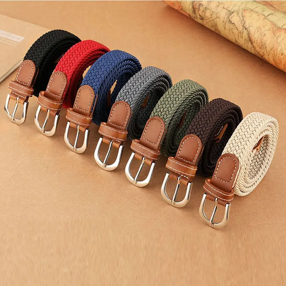 

Multicolored Canvas Woven Belt Alloy Pin Buckle Knitted Thin Elastic Waistband Punch Free Flexible Stretch Waist Belts Climbing