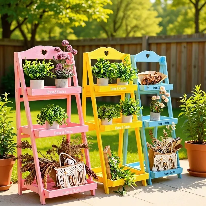 American rural retro solid wood multi-layer folding small flower stand balcony floor trapezoidal succulent plant shelf wooden