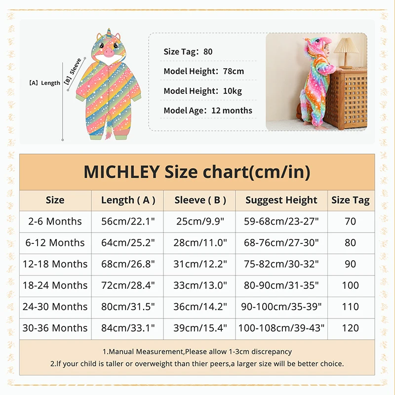 MICHLEY NEW Halloween Rainbow Unicorn Baby Rompers Winter Clothes Cartoon Flannel Costume Soft Bodysuits Overall Bebe For 2-36M