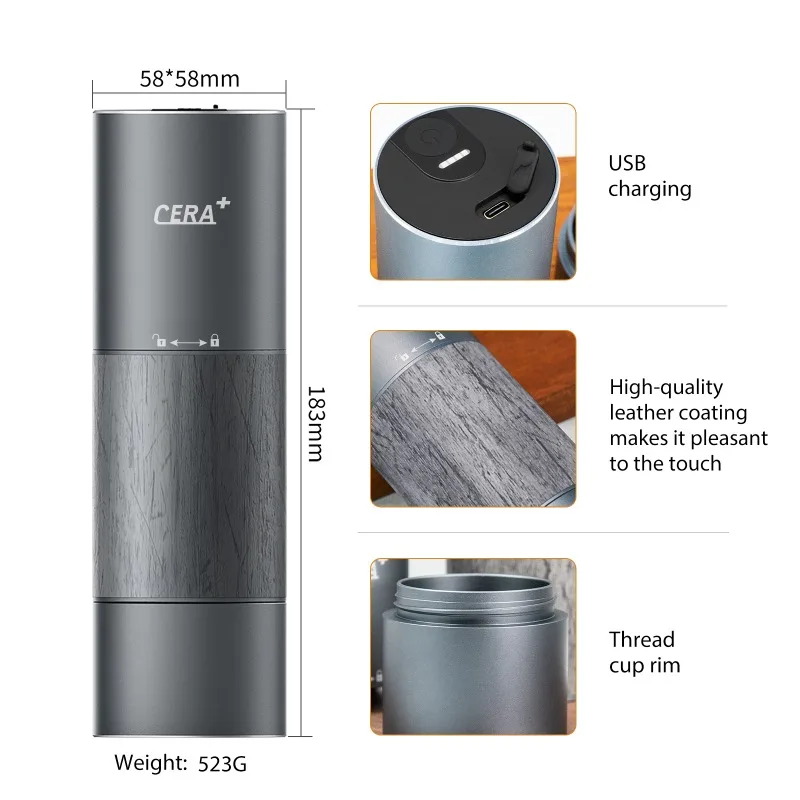 2025CERA+ Electric Espresso Coffee Bean Grinder Machine Stainless Steel Burr Portable Coffee Grinder