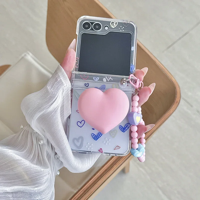 

Clear 3D Cartoon Pink Love Heart Stand Holder With Lanyard Phone Case For Samsung Z Flip 5 4 3 6 7 FE Protective Cases Cover