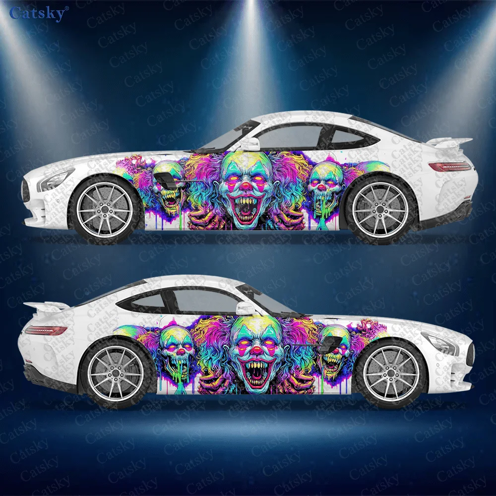CATSKY.2pcs.Psychedelic Horror Skull Clown Car Side Decals | Self-Adhesive PVC Waterproof & Scratch-Resistant Stickers, Fashiona