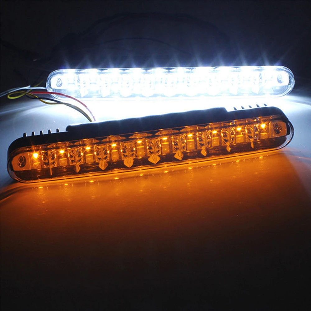 AQTQAQ 2Pcs/Set 12V Car 30 LED Daytime Running Light Daylight White DRL Amber Turn Signal Driving Lamp Strip Kit