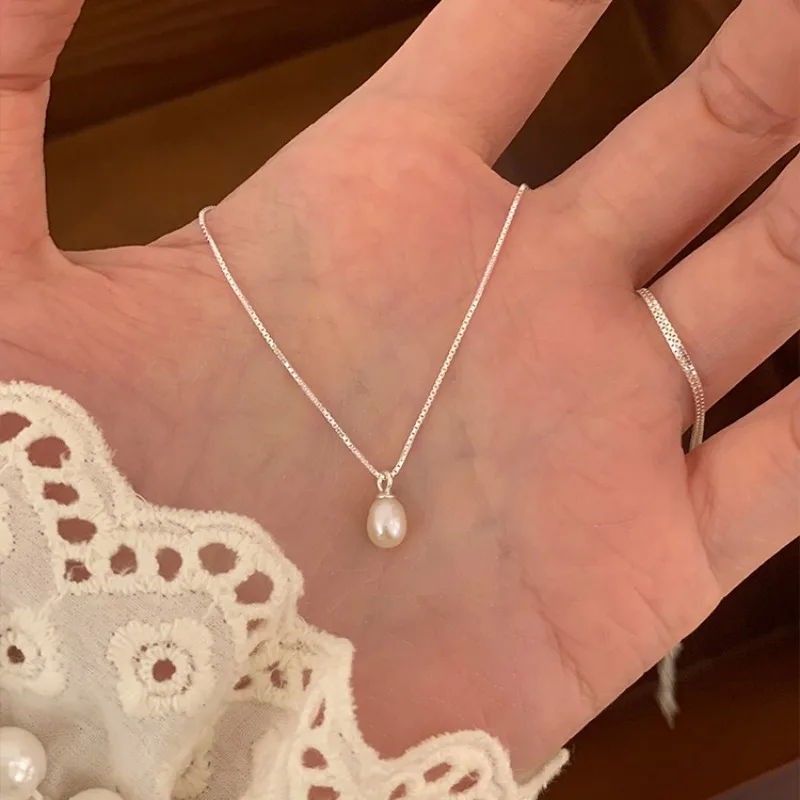Classic Simple 925 Sterling Silver Single Oval Pearl Pendant Necklace for Women Temperament Collar Chain Jewelry Colorfast Gift