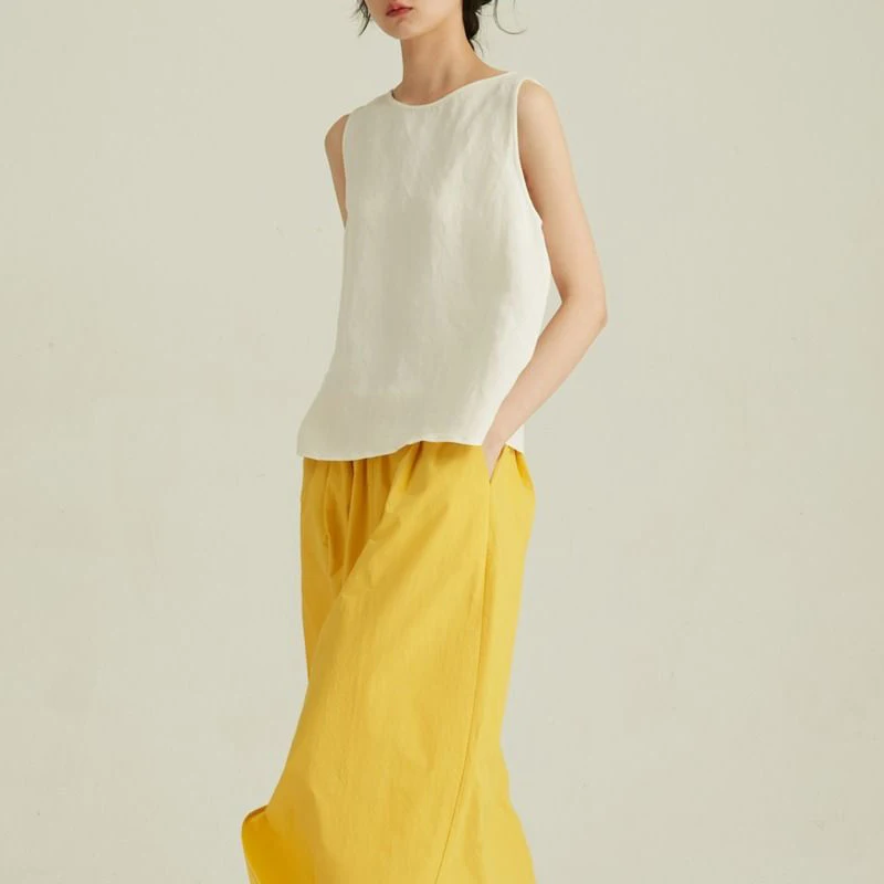Women Clothing Vintage Simple Causal Vacation with Buttons Linen Tank Tops 2024 Summer Female V Neck White Loose Sleeveless Vest
