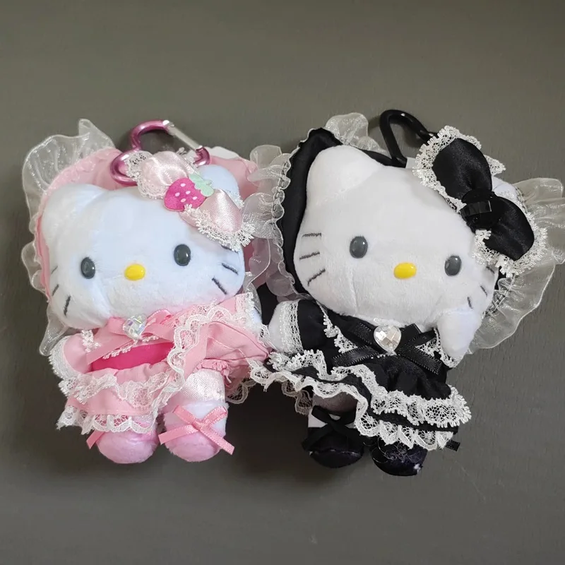 Sanrio hello kitty morango rosa preto renda lolita empregada roupa arco coração forma fivela chaveiro mochila zíper acessório presente