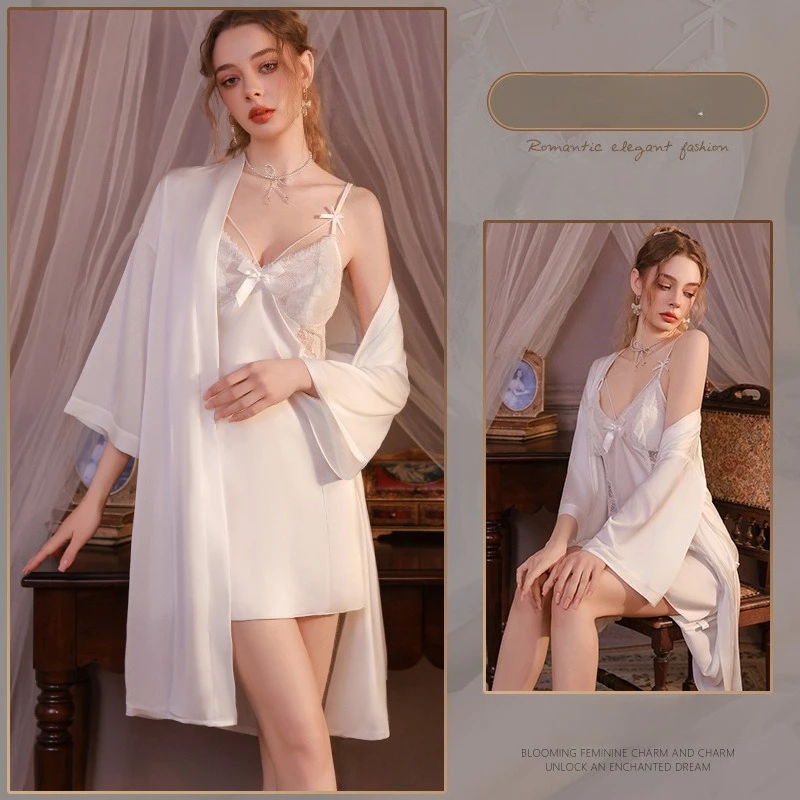 French Purely Charming Lace Bow Hollowed Satin Backless Sleepwear with Bra Pads Strappy Pajama Robe Combo Breathable Home Outfit
