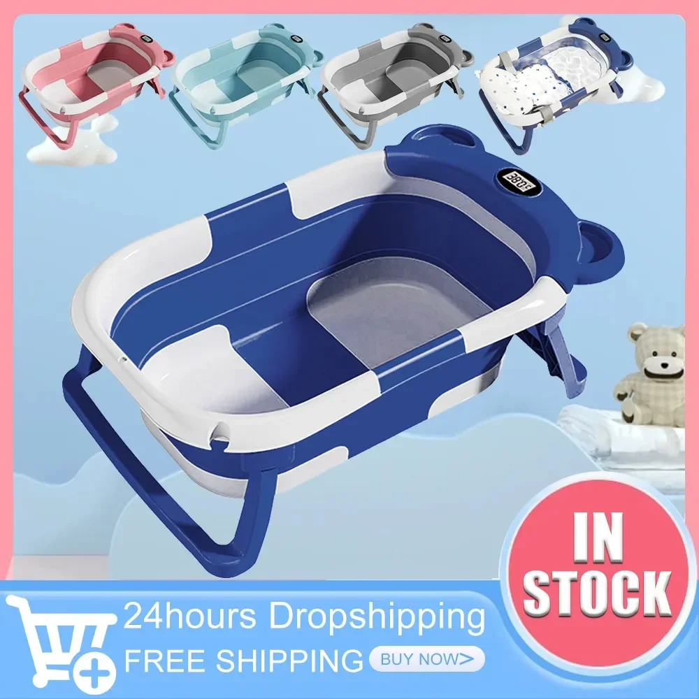 

Temperature Display Baby Bathtub with Cushion Support Foldable Bath Bucket Silicone for Shower at Travling Or Bathroom Portable