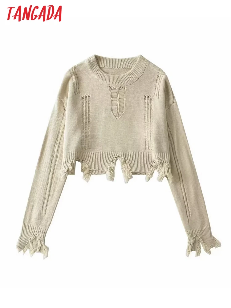 Tangada Women 2022 Hollow Crop Knitted Sweater Jumper O Neck Female Elegant Oversize Pullovers 2U26