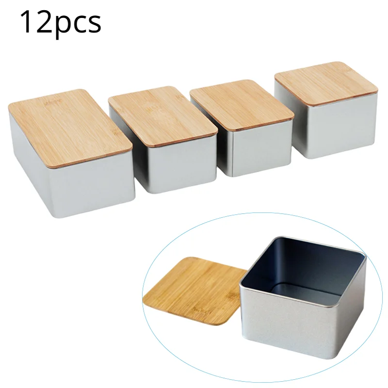 12pcs Tinplate Storage Box Square Food Organizer with Bamboo Lid for Money Coin Candy Key Cosmetic Box Tea Storage Containers