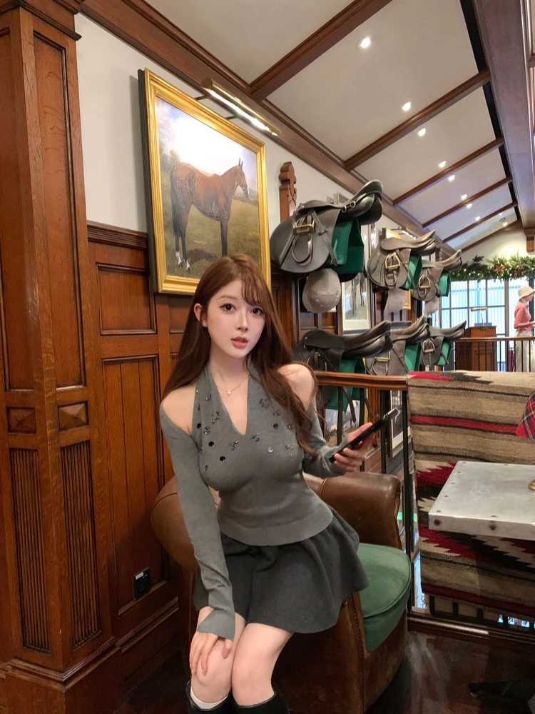 

M900 Heavy Work Diamond Embedded Women's Knitted Long Sve Ne Hanging Top Autumn Winter Base irt Design Sensibili Lad...