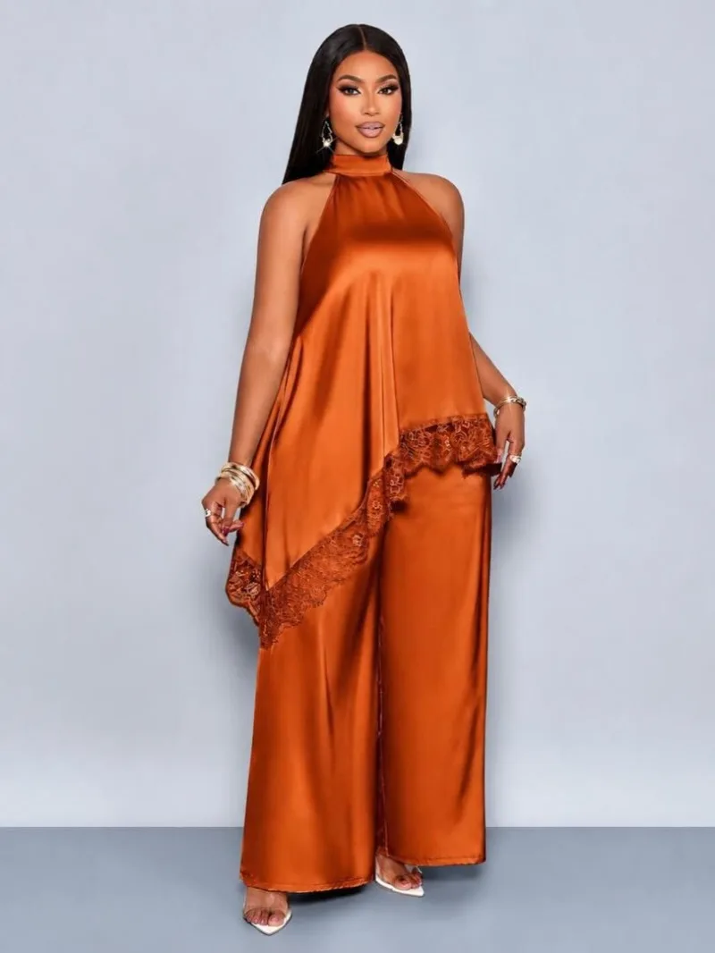 Afrikanisches Damen-Satin-Zweiteiler-Set: Elegantes, einfarbiges Party-Outfit mit Neckholder-Oberteil, asymmetrischer Spitze und weiter Hose – Detail 14