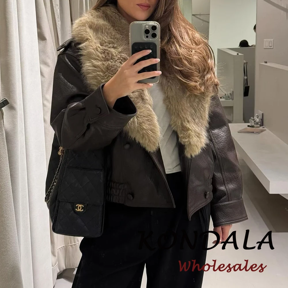 

KONDALA Chic 2025 винтажные роскошные женские куртки из искусственного меха, двубортное уличное пальто, винтажное пальто со свободными карманами, женская верхняя одежда