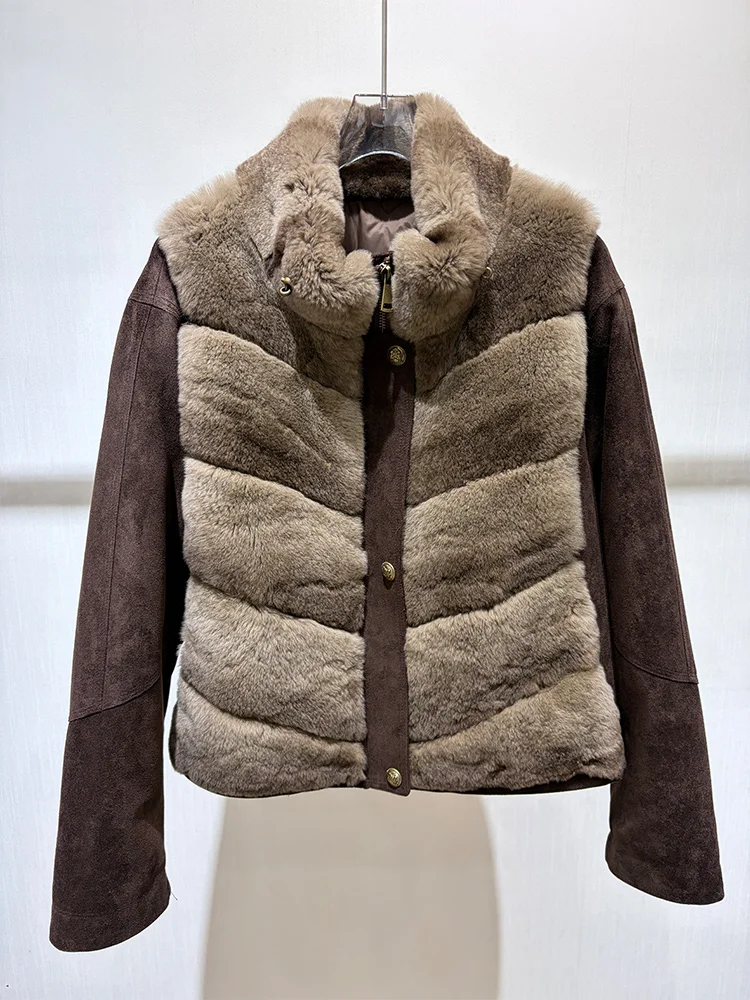 2026 New Fashion Winter Women Goose Down Puffer Jacket Real Rex Rabbit Fur Collar Front Spliced Suede Sleeve Warm Outerwear