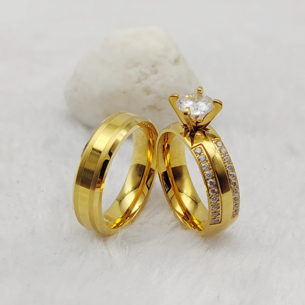 Jewelry Manufacturer Custom Stainless Steel 24k Gold Plated Cz Wedding Marriage Bridal Couples Ring Sets